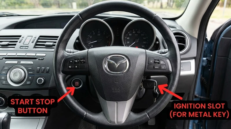 Mazda 3 (Axela) semi-smart key dashboard: START STOP button on the left, ignition slot for the key on the right
